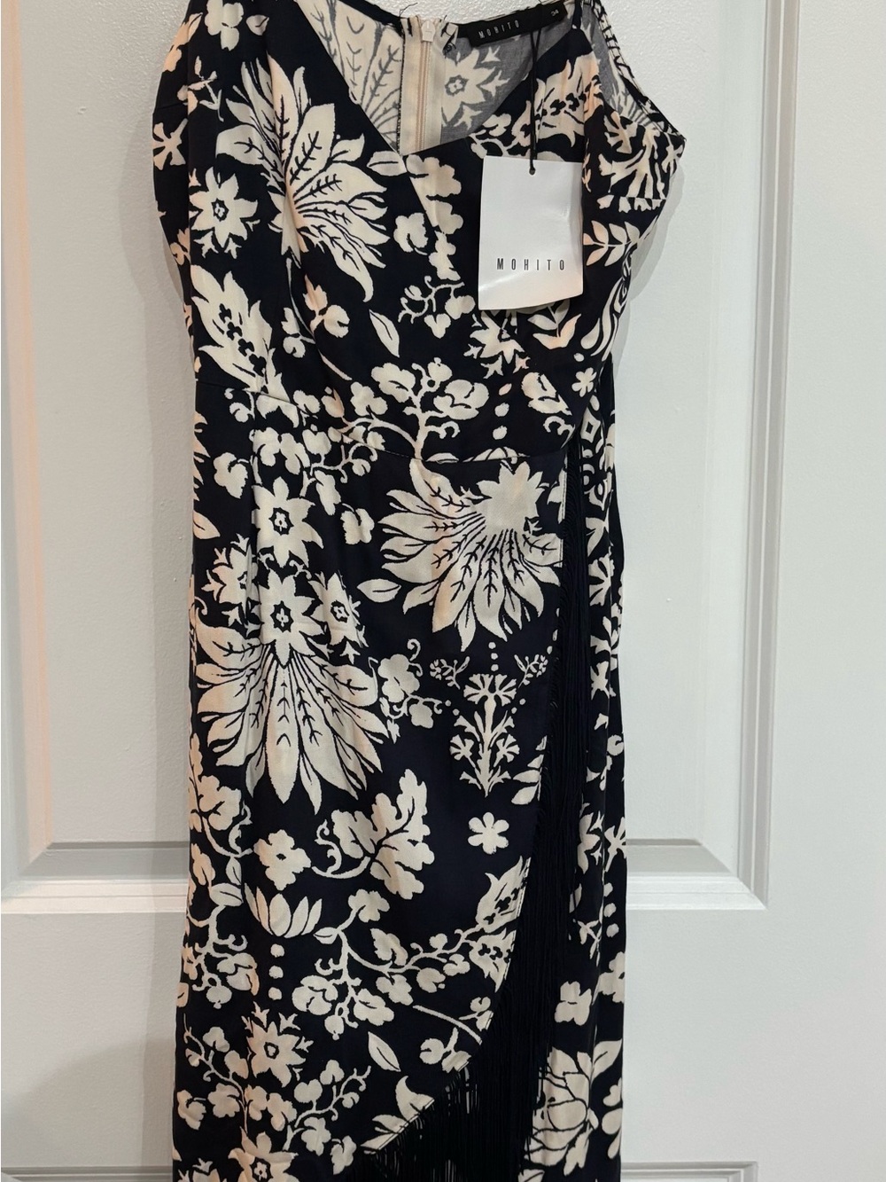 MOHITO Navy Blue & White Floral Midi Dress with Fringe Detail New with tags